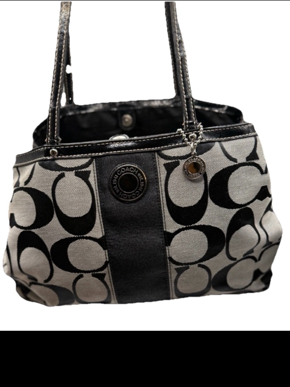 Coach Signature Tote Bag Satchel Stripe Large Purse F19190 Inner KISS Lock